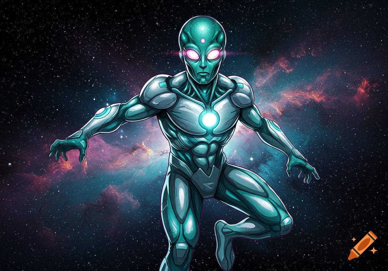 Stylized alien superhero character in space with stars and nebulae.