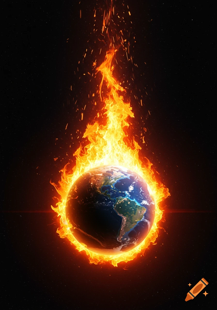 Earth surrounded by flames in space