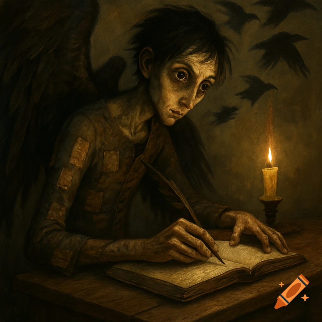 A dark fantasy painting of a winged figure writing in a book by candlelight with crows.