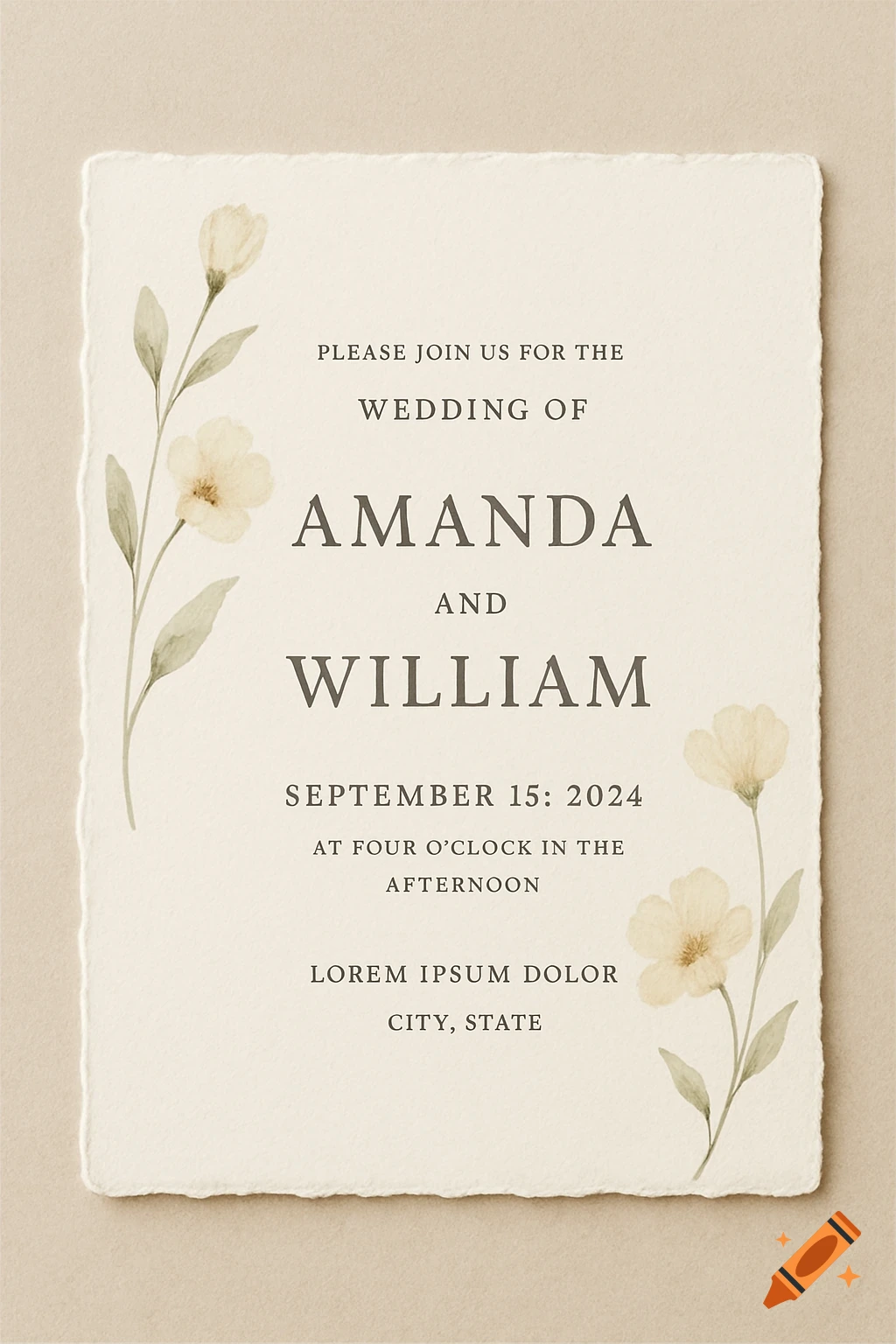 Wedding invitation mockup with watercolor floral accents and text.