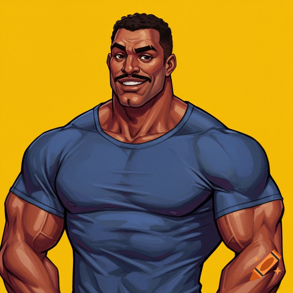 Stylized illustration of a muscular man with a mustache in a blue t-shirt against a yellow background.