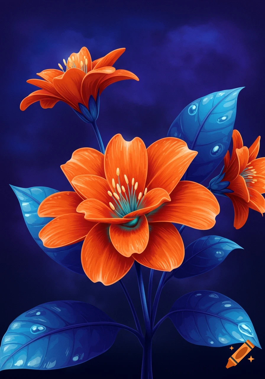 Stylized orange flowers with blue leaves on a dark background