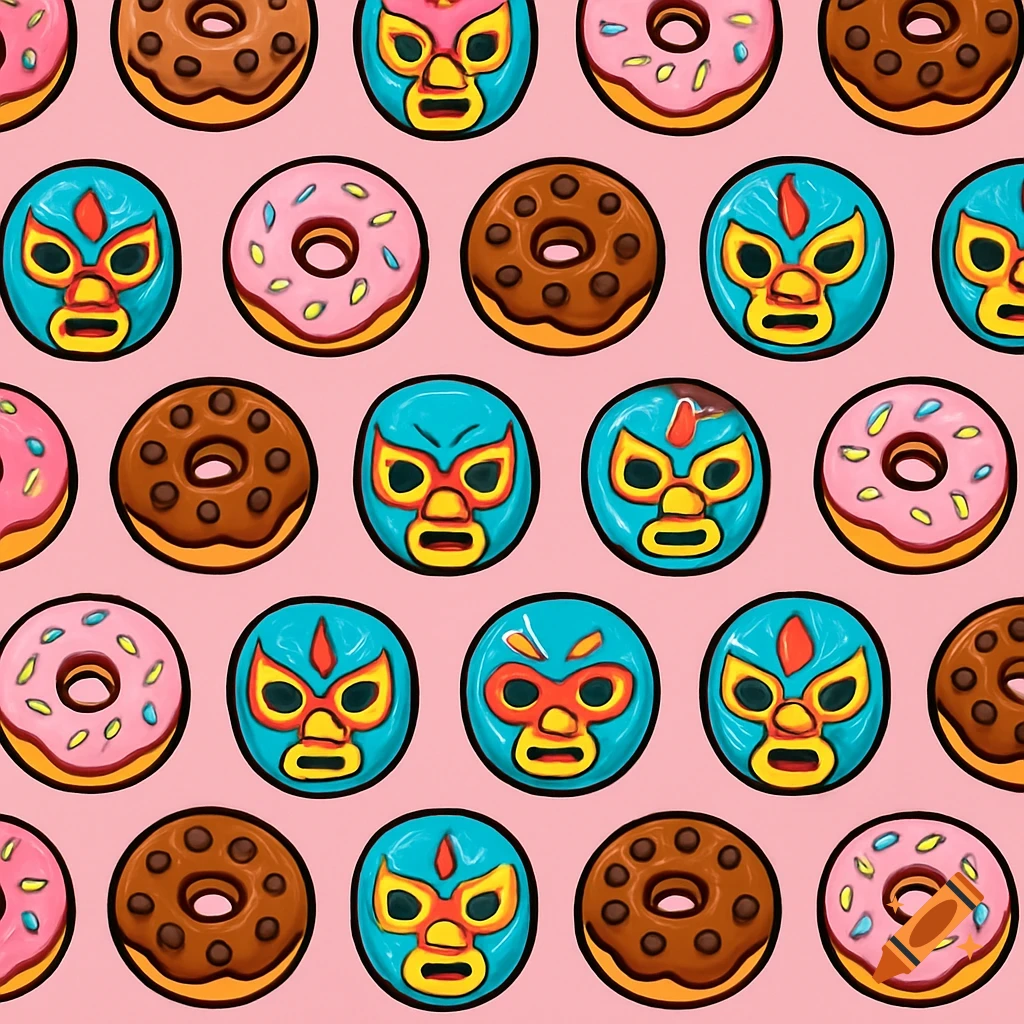 Cartoon pattern of doughnuts and lucha masks on a pink background.