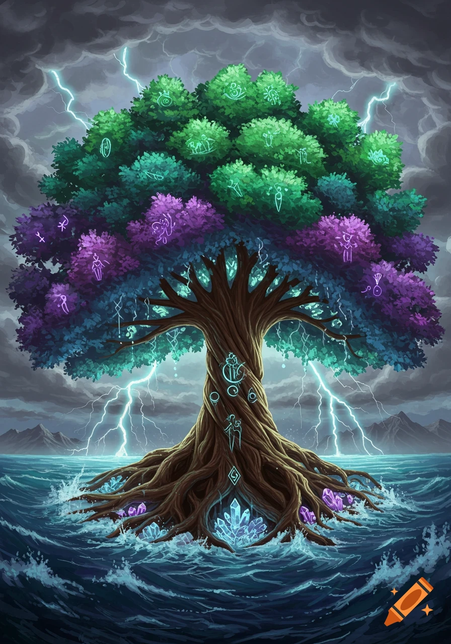 Fantasy digital painting of a glowing Tree of Life in a stormy sea with lightning and crystals.