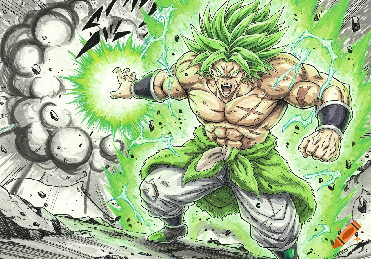 Manga style drawing of Super Saiyan Broly from Dragon Ball Z powering up.