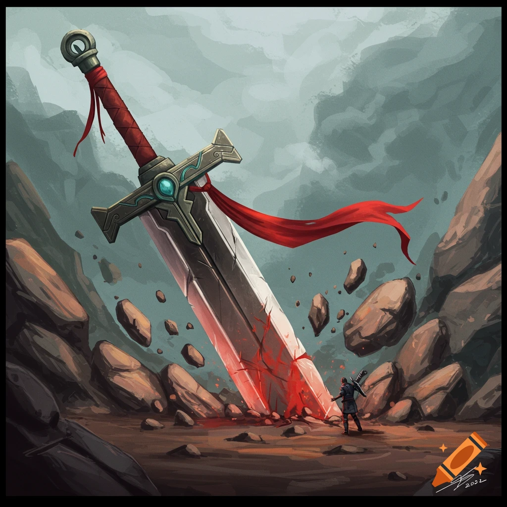 Giant sword stuck in ground with a small figure in a rocky landscape digital painting