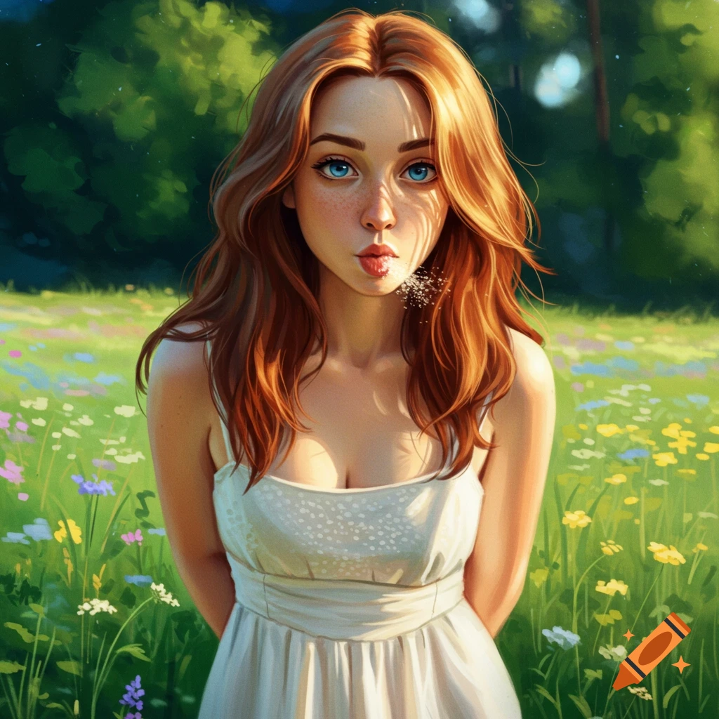 Digital painting of a woman with red hair and blue eyes, with pursed lips, standing in a field of flowers.