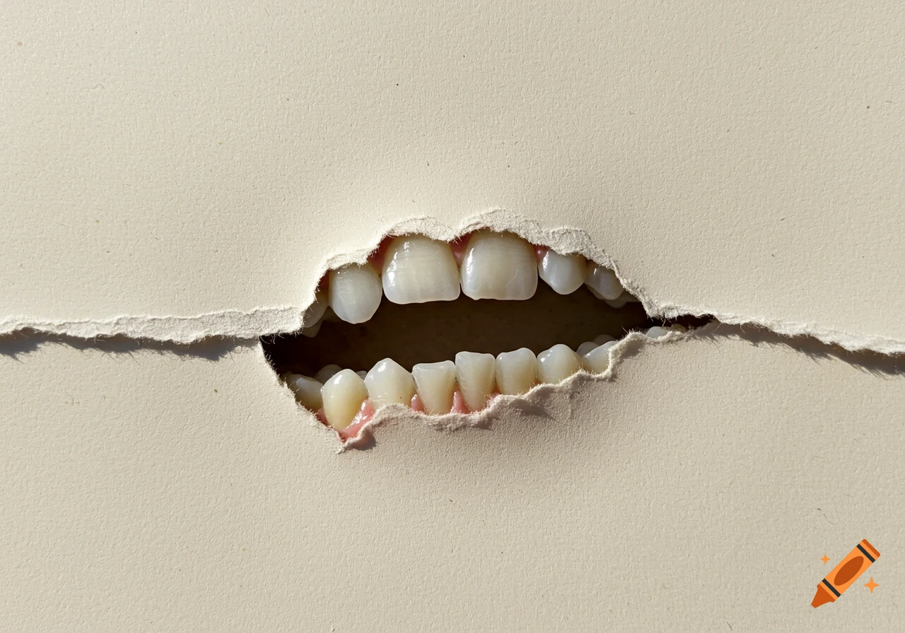 Teeth and gums visible through a horizontal tear in paper