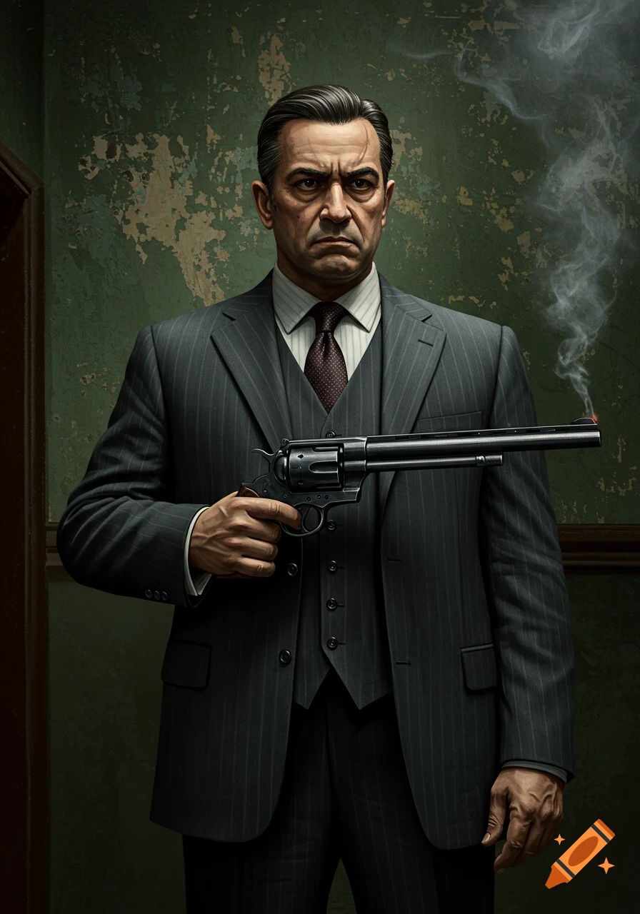 A stern-looking man in a pinstripe suit holds a revolver.