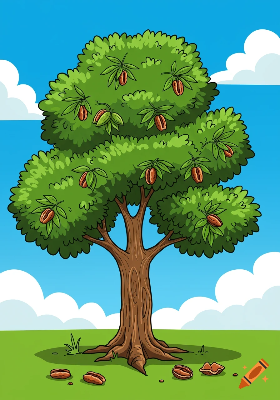 A cartoon drawing of a pecan tree with fruit hanging from its branches and fallen nuts on the ground.