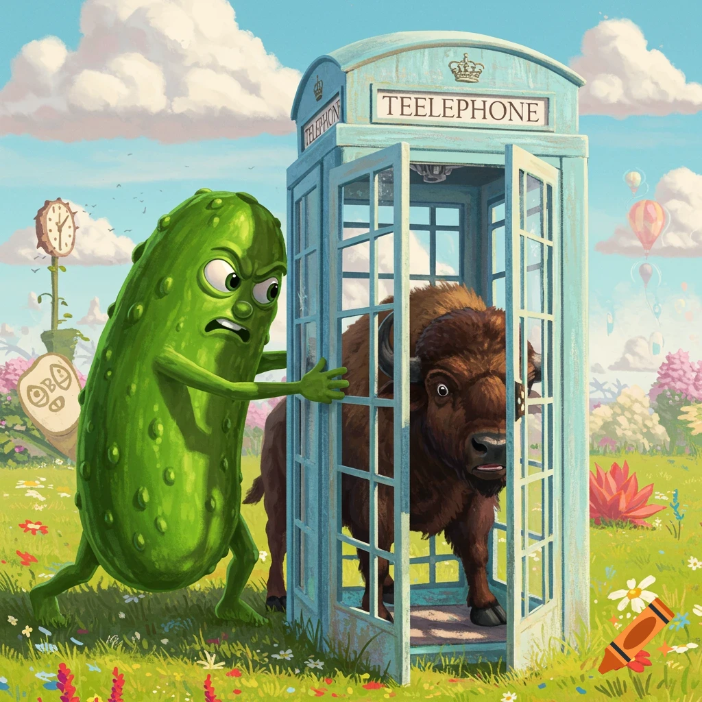 A cartoon pickle shoves a buffalo into a phone booth in a field.