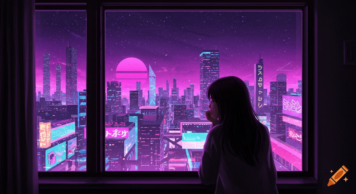 Anime girl looking out a window at a vaporwave city skyline with bright purple and pink neon lights at night.