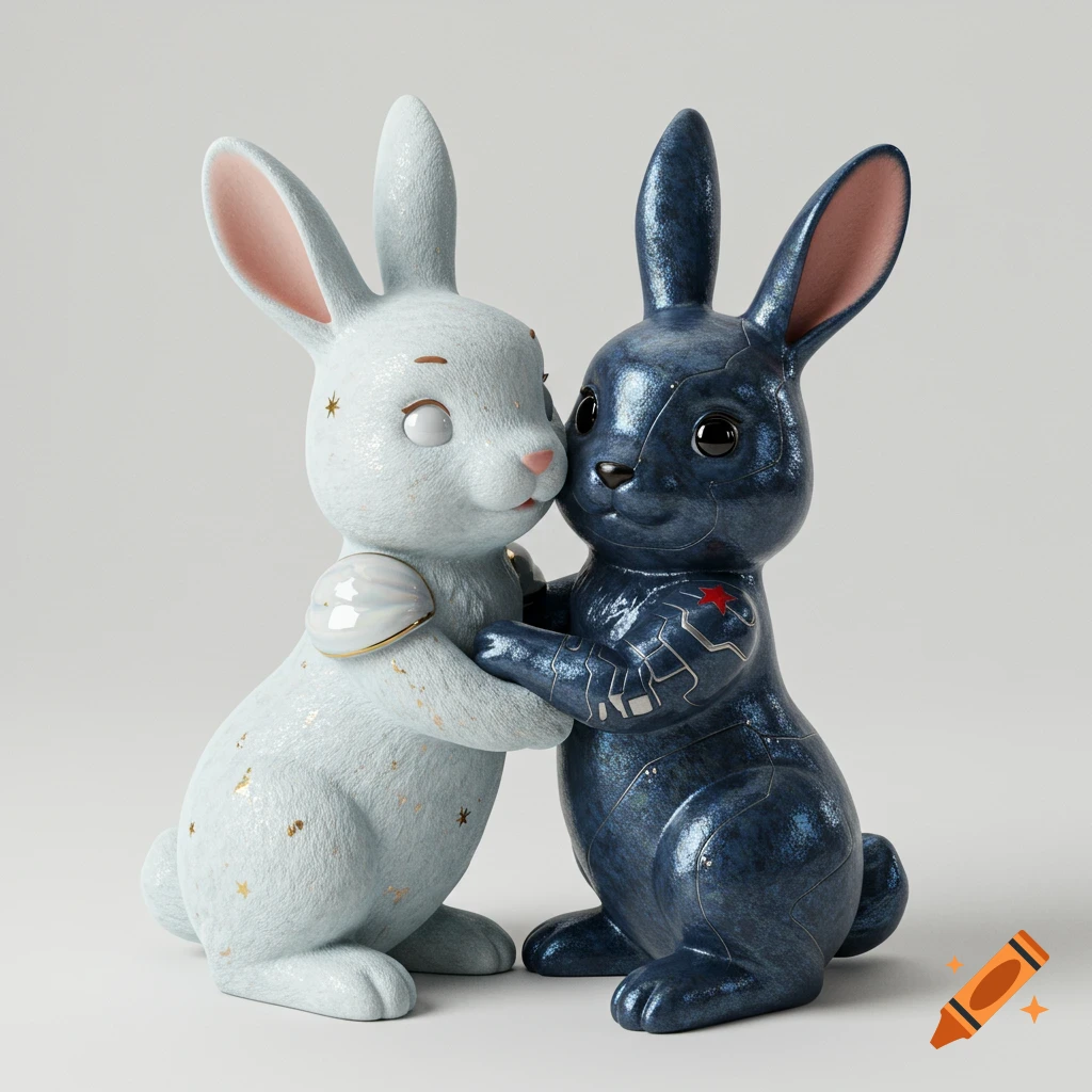 Two ceramic bunny figurines hugging, one light blue and sparkly, the other dark blue and metallic with red star.