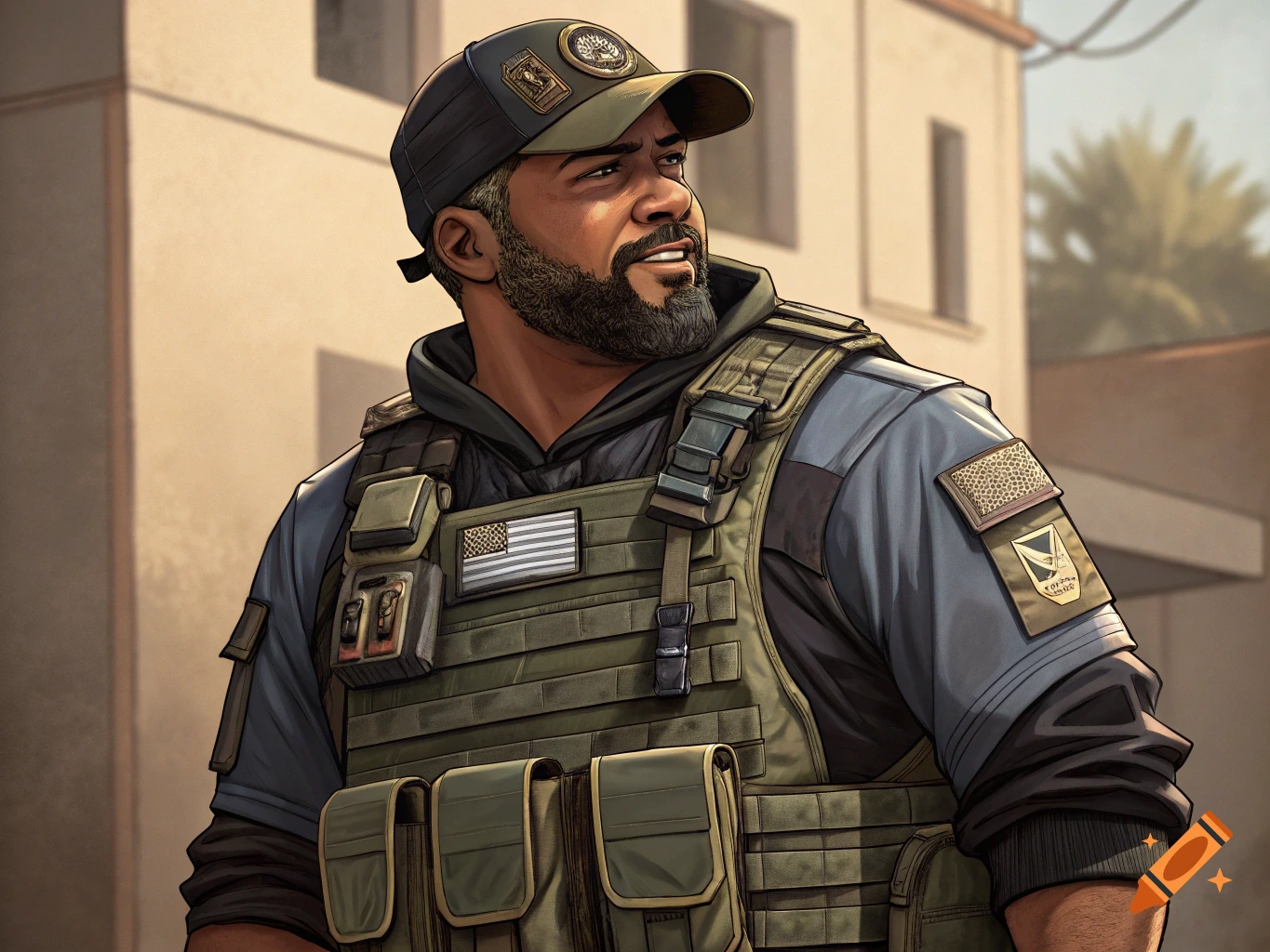 Man with beard and cap wearing tactical vest outdoors