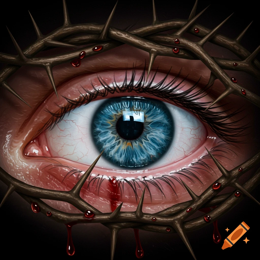 Close-up of a blue eye surrounded by a crown of thorns with blood drops