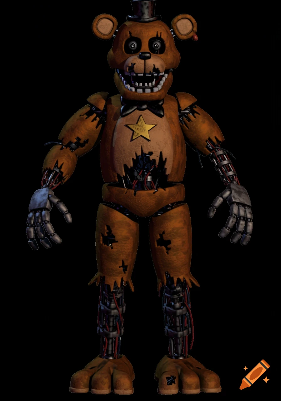 Full body of a damaged Five Nights at Freddy's animatronic bear with exposed wires on black background