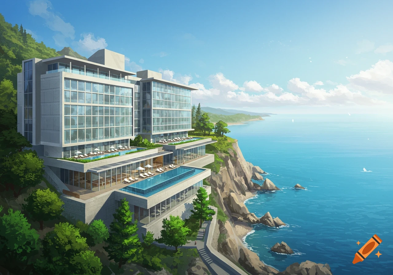 Large contemporary hotel complex built into a cliff overlooking the ocean, surrounded by green trees.