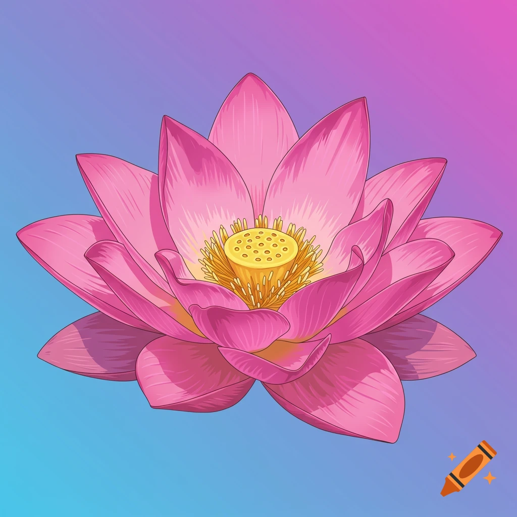 A pink lotus flower in vector style on a gradient background.