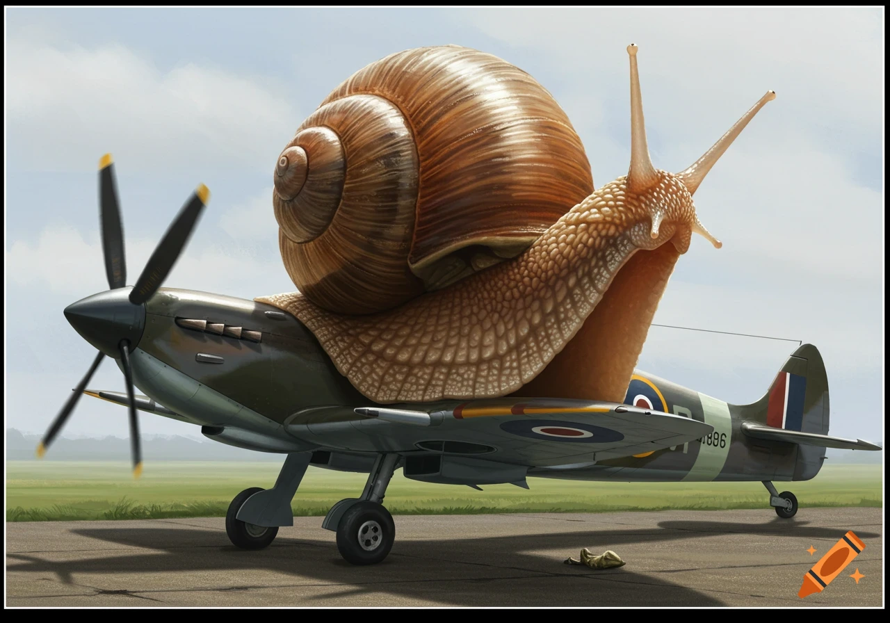 Giant snail sitting atop a Spitfire airplane on an airfield, painted in a realistic style.