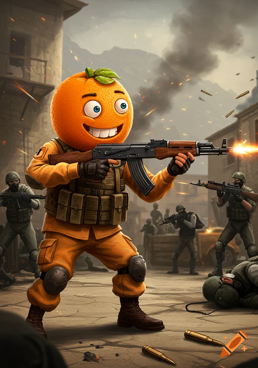 Cartoon orange character holding a rifle in a combat scene.