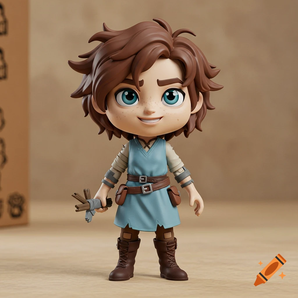 A collectible toy figure of a young cartoon character with brown hair, blue eyes, a blue tunic, and brown boots, holding sticks.