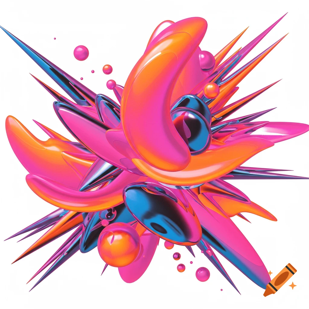 Abstract composition of shiny, colorful, swoopy shapes and spikes on a white background.