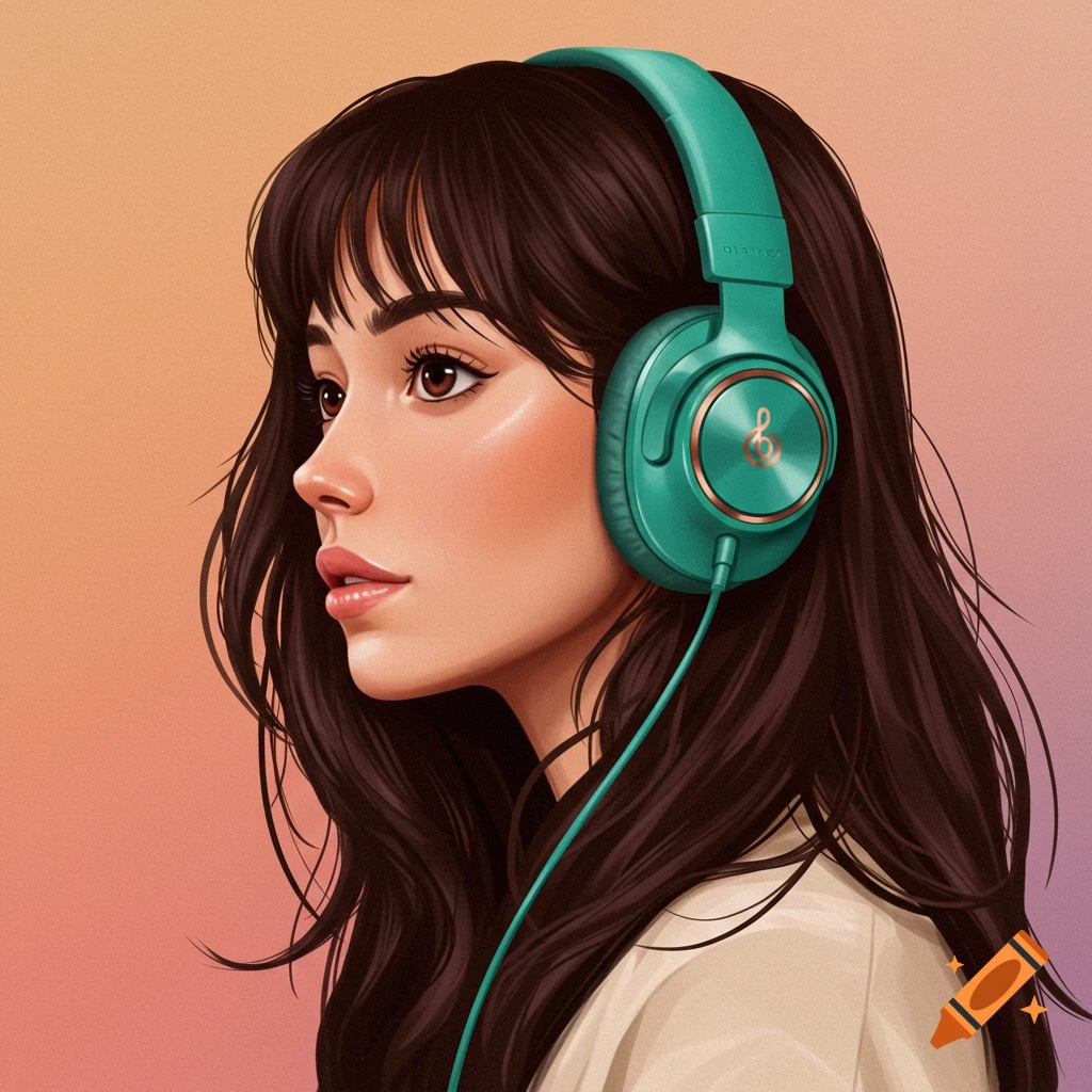 Stylized portrait illustration of a young woman wearing large green headphones looking left.