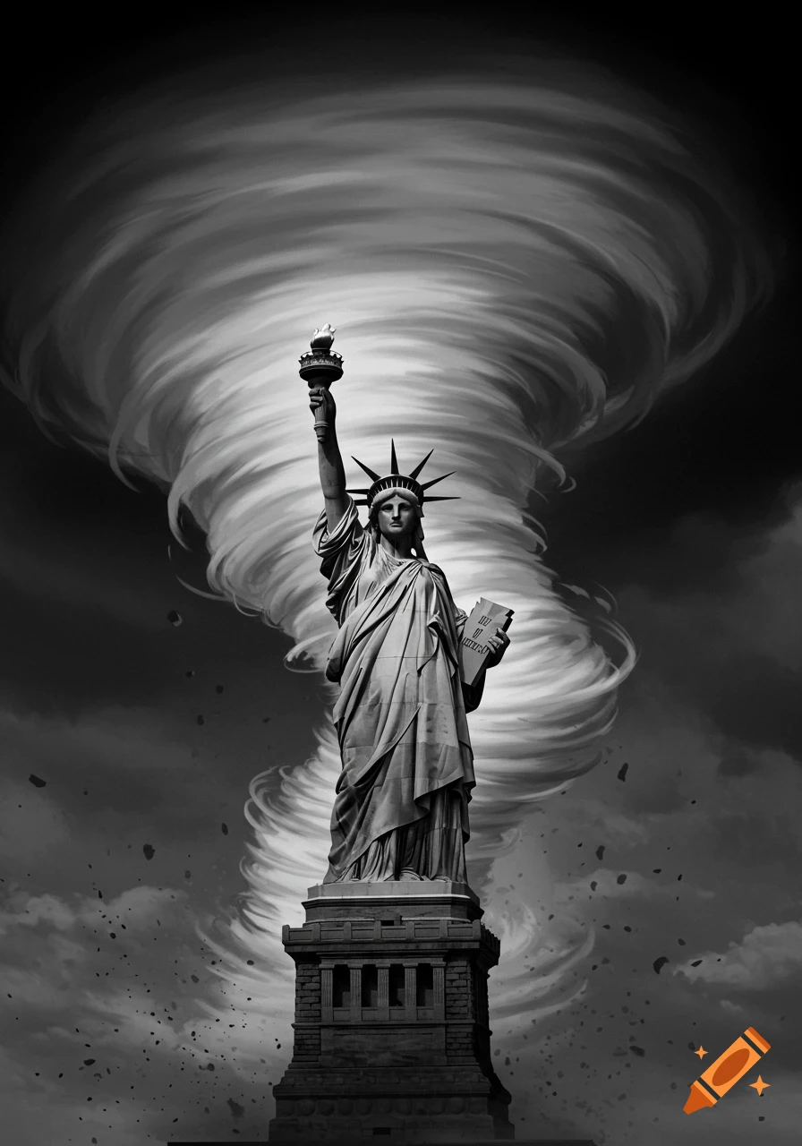 Black and white photo of the Statue of Liberty standing in front of a large tornado.