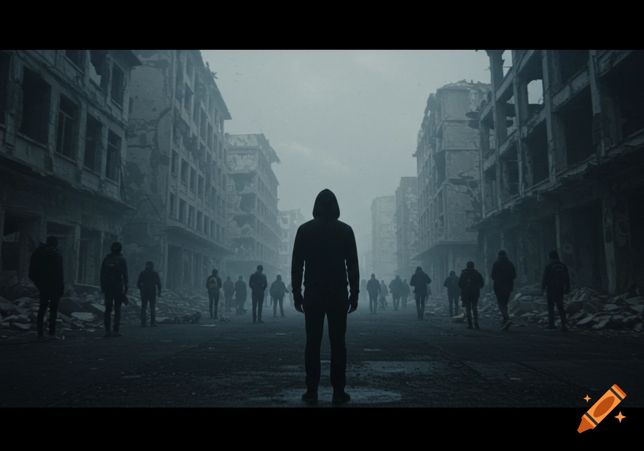 Silhouette figure stands in ruined city street as blurred crowd walks by. Cinematic style.