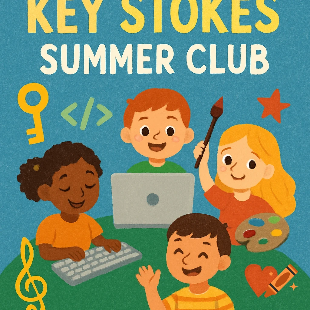 Cartoon illustration of children doing computer science and art. Text reads KEY STOKES SUMMER CLUB.