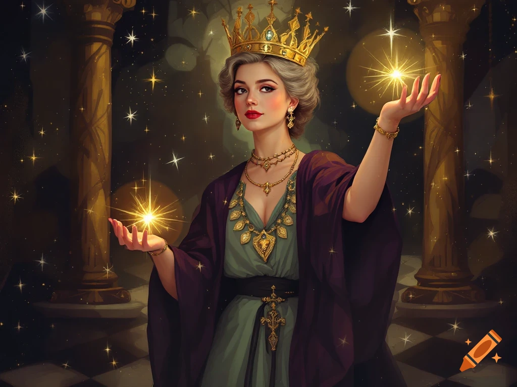 A regal woman in a crown and ornate clothing holds glowing orbs in a starry, grand setting with columns.