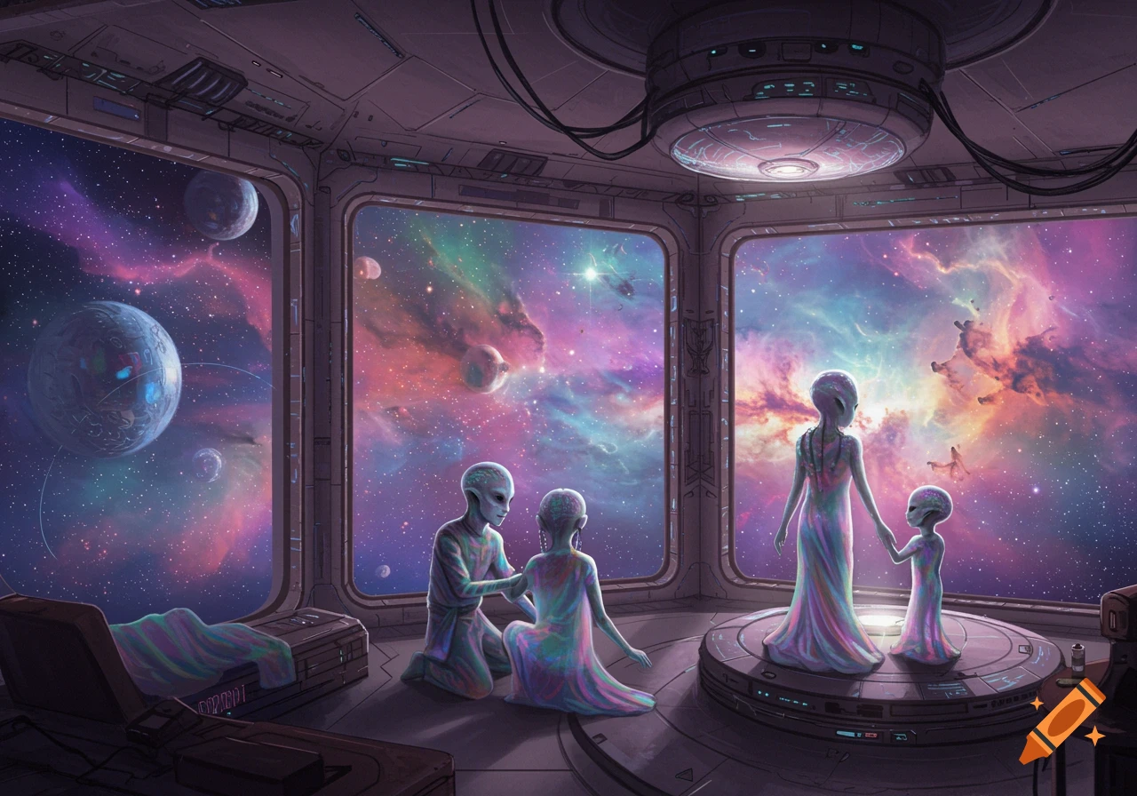 An alien family looks out large windows at a colorful nebula and planets from inside a space station.