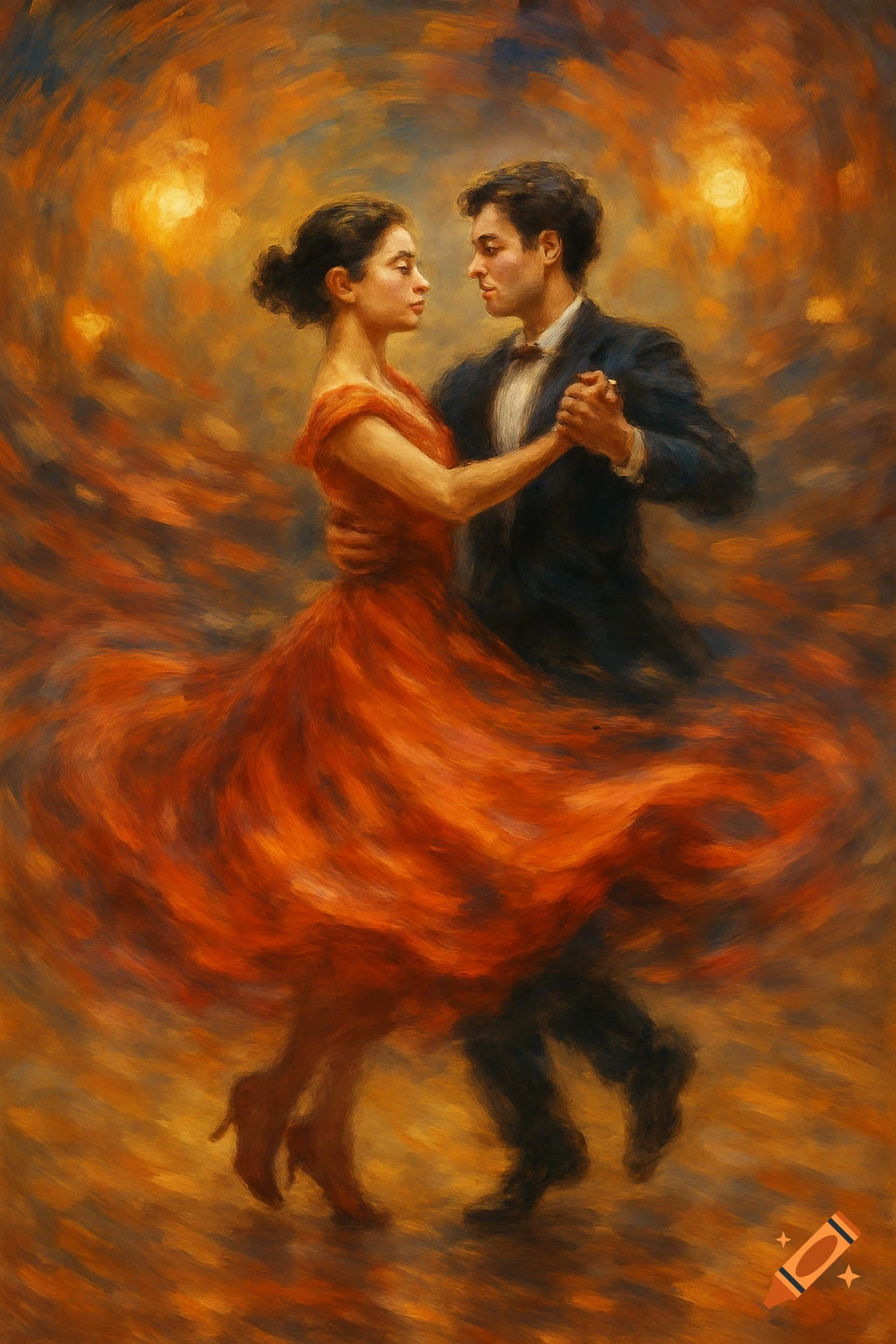 Painting of a couple dancing, woman in red dress, man in suit, swirling warm colors background.