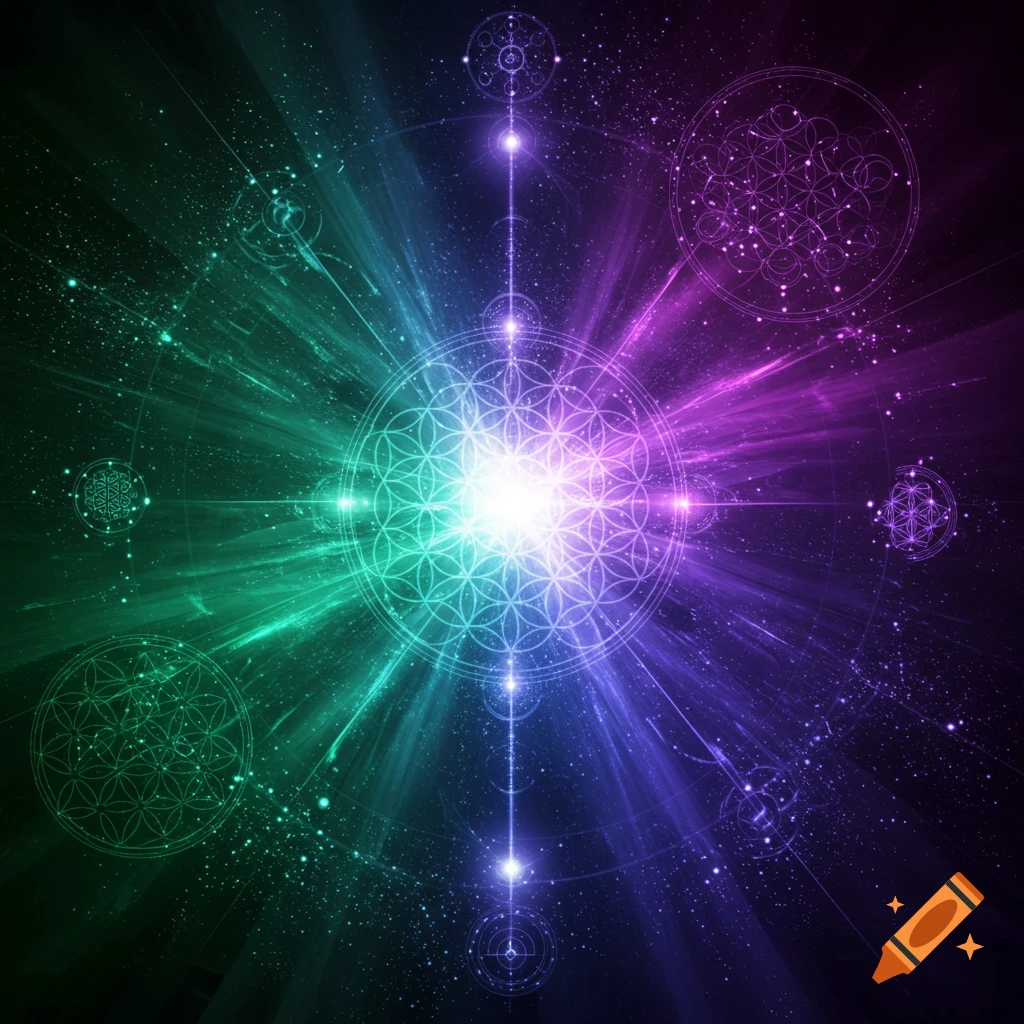 Sacred geometry patterns and radiating light in a cosmic green and purple starfield.