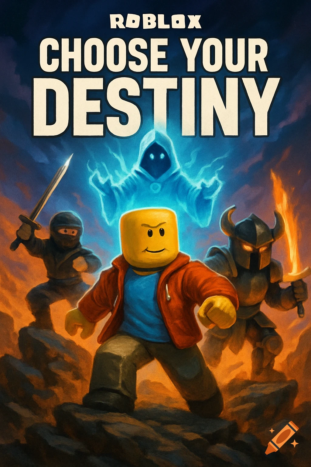 Roblox character with a ninja and knight facing a ghost, text reads "Roblox Choose Your Destiny" above them in a fantasy scene.