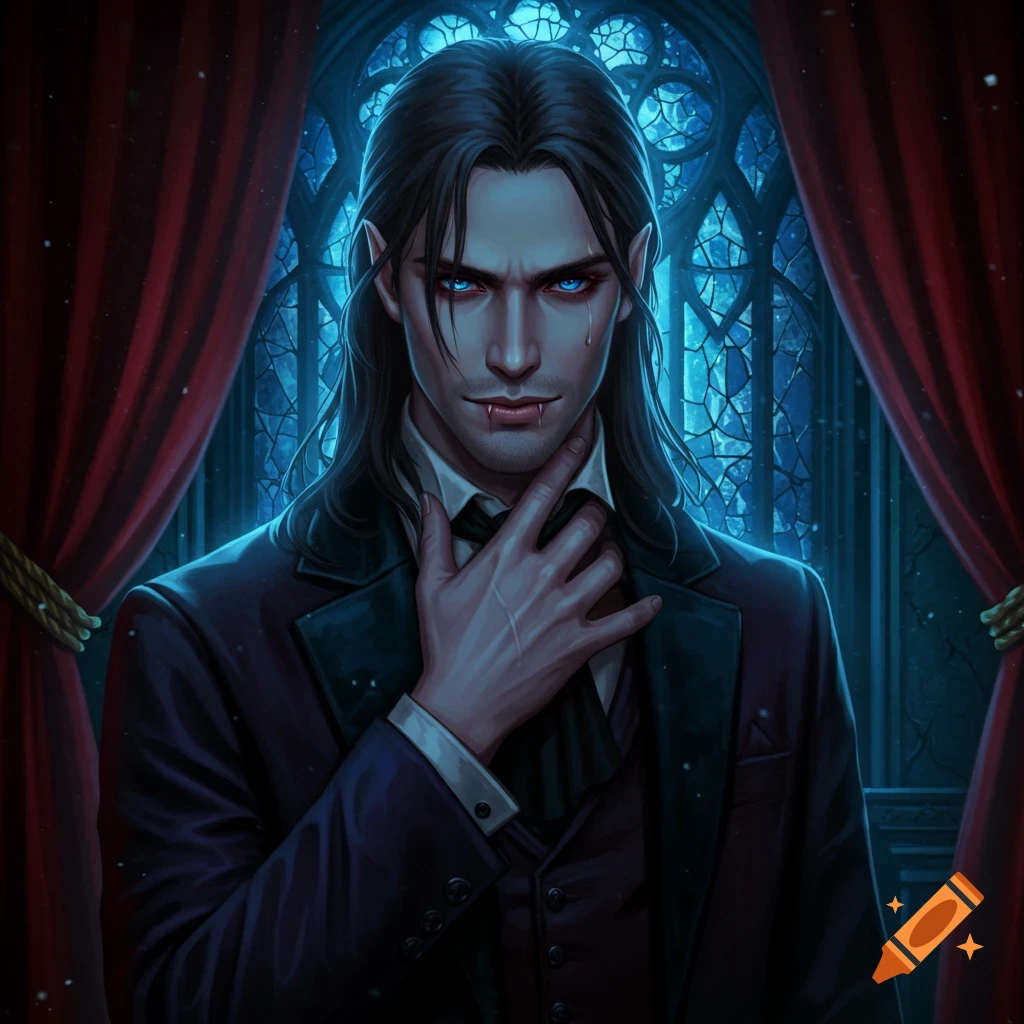 Digital painting of a male vampire in a suit with blue eyes and fangs, hand on throat, against a gothic window.