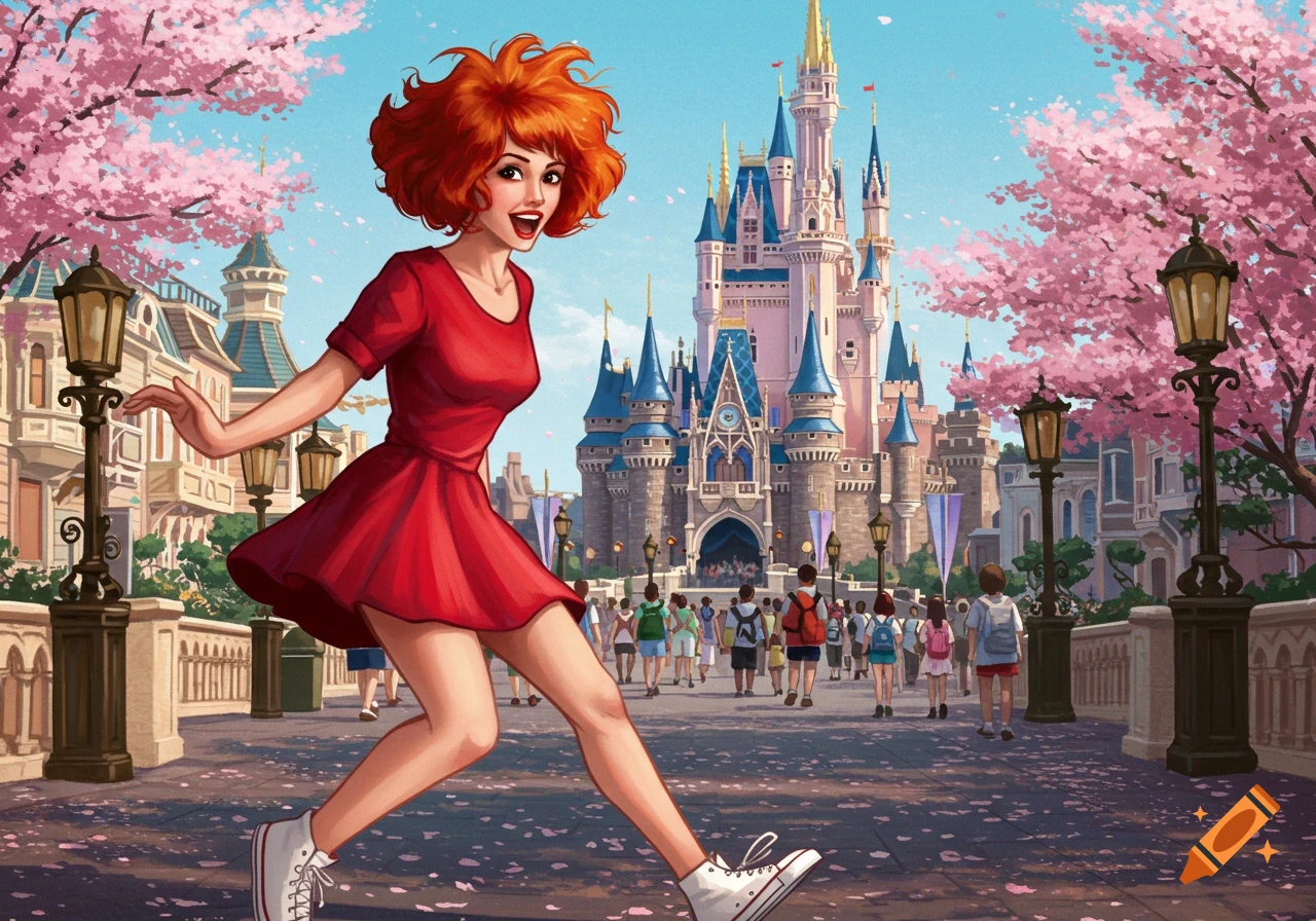 A young woman with red hair in a red dress running in front of a large pink castle at a theme park, illustration style.