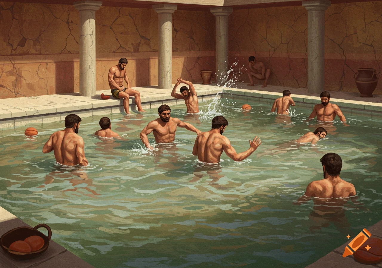 Ancient Romans swimming and relaxing in a bathhouse pool.