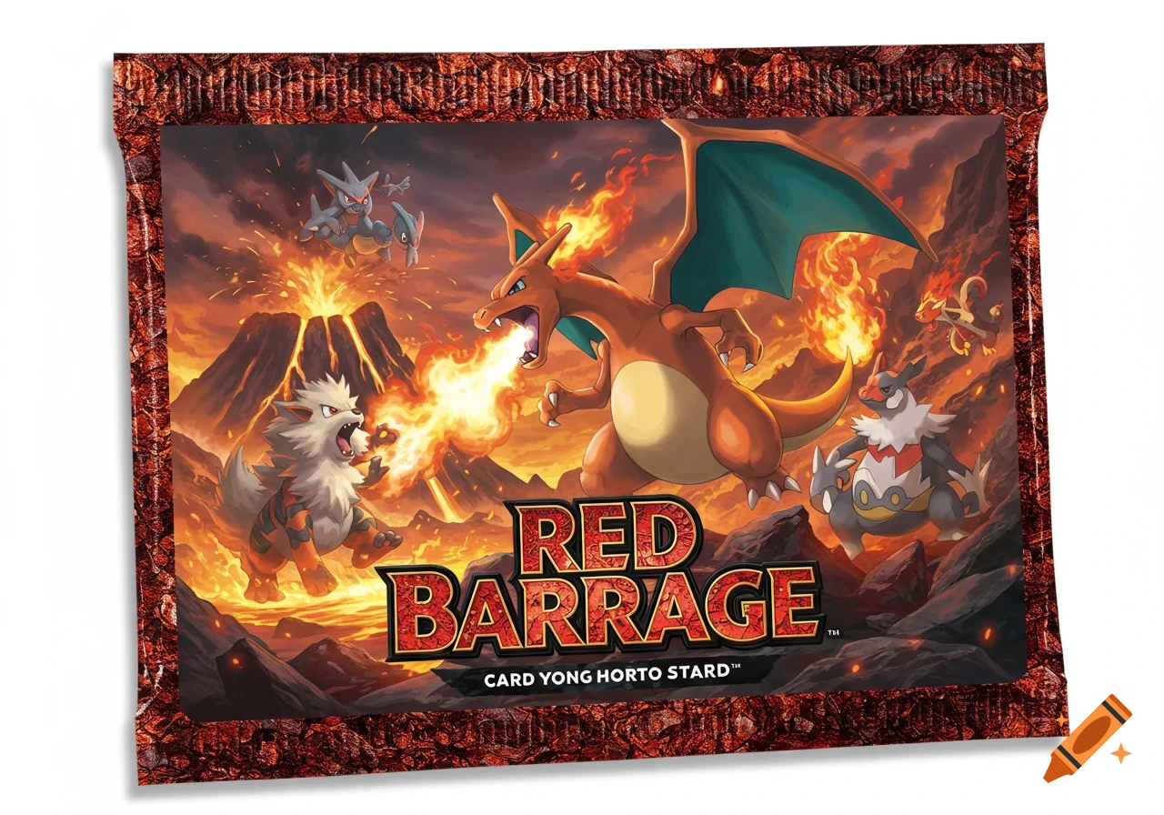 A Pokémon card pack art featuring Charizard, Arcanine, and other fire-type Pokémon in a volcanic setting, with text 'RED BARRAGE'.