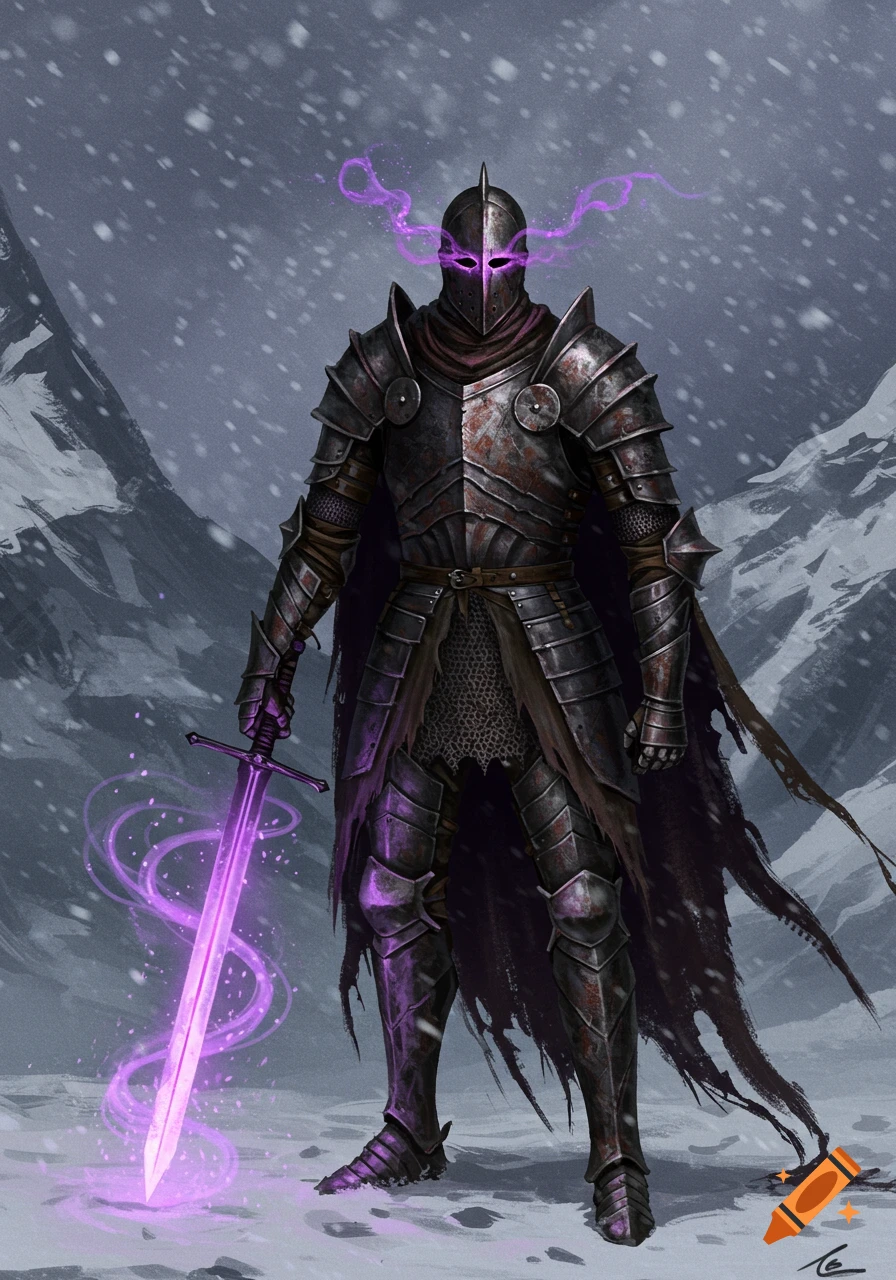 A dark knight in worn armor with glowing purple eyes and sword stands in a snowy mountain landscape.