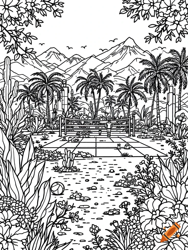 Black and white line art doodle of a volleyball court surrounded by palm trees, cacti, and mountains.