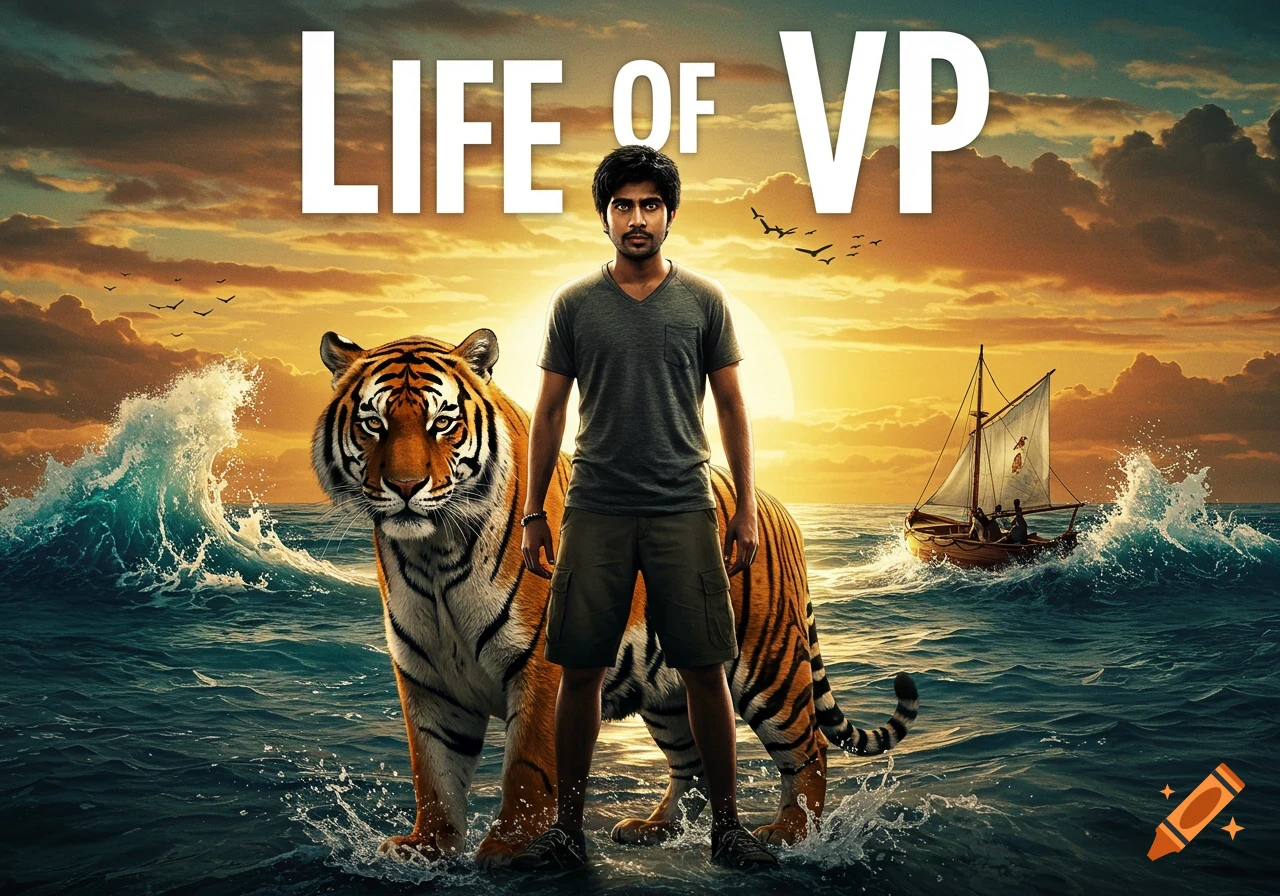 Movie poster style image of a man standing on the water with a tiger, under a sunset, with a boat in the background. Title 'LIFE OF VP'.