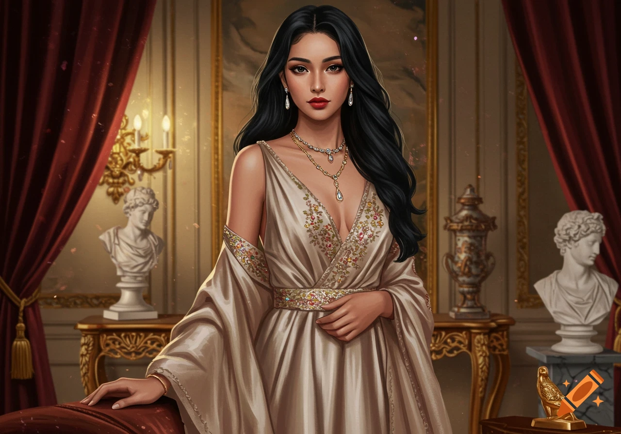 Illustrated portrait of a woman in a gold dress in a luxurious room with statues.