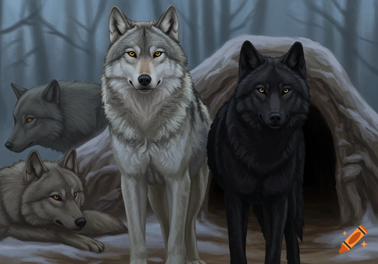 A pack of wolves, including gray and black wolves, in a forest setting near a den.