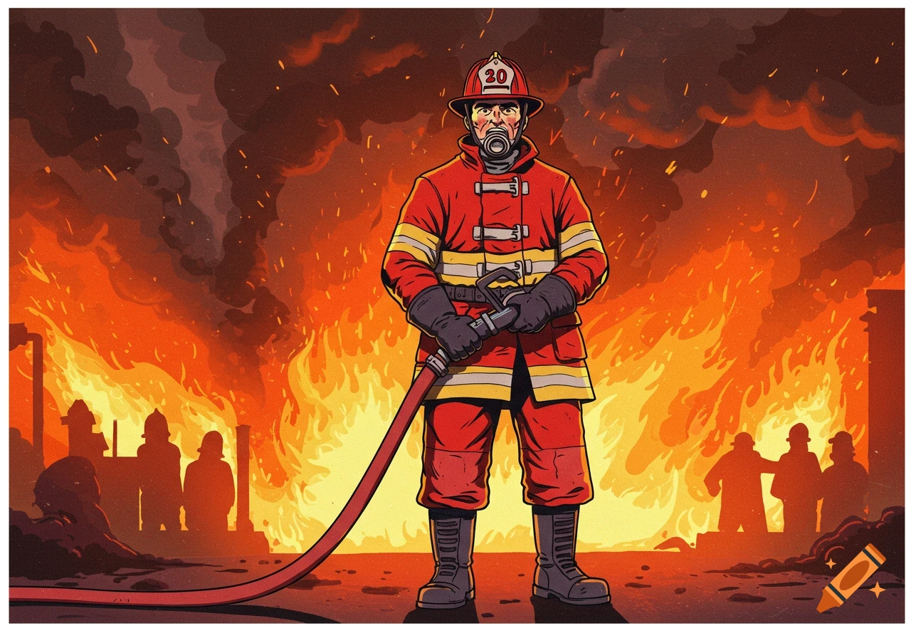 A stylized illustration of a firefighter standing before a large fire with a hose.