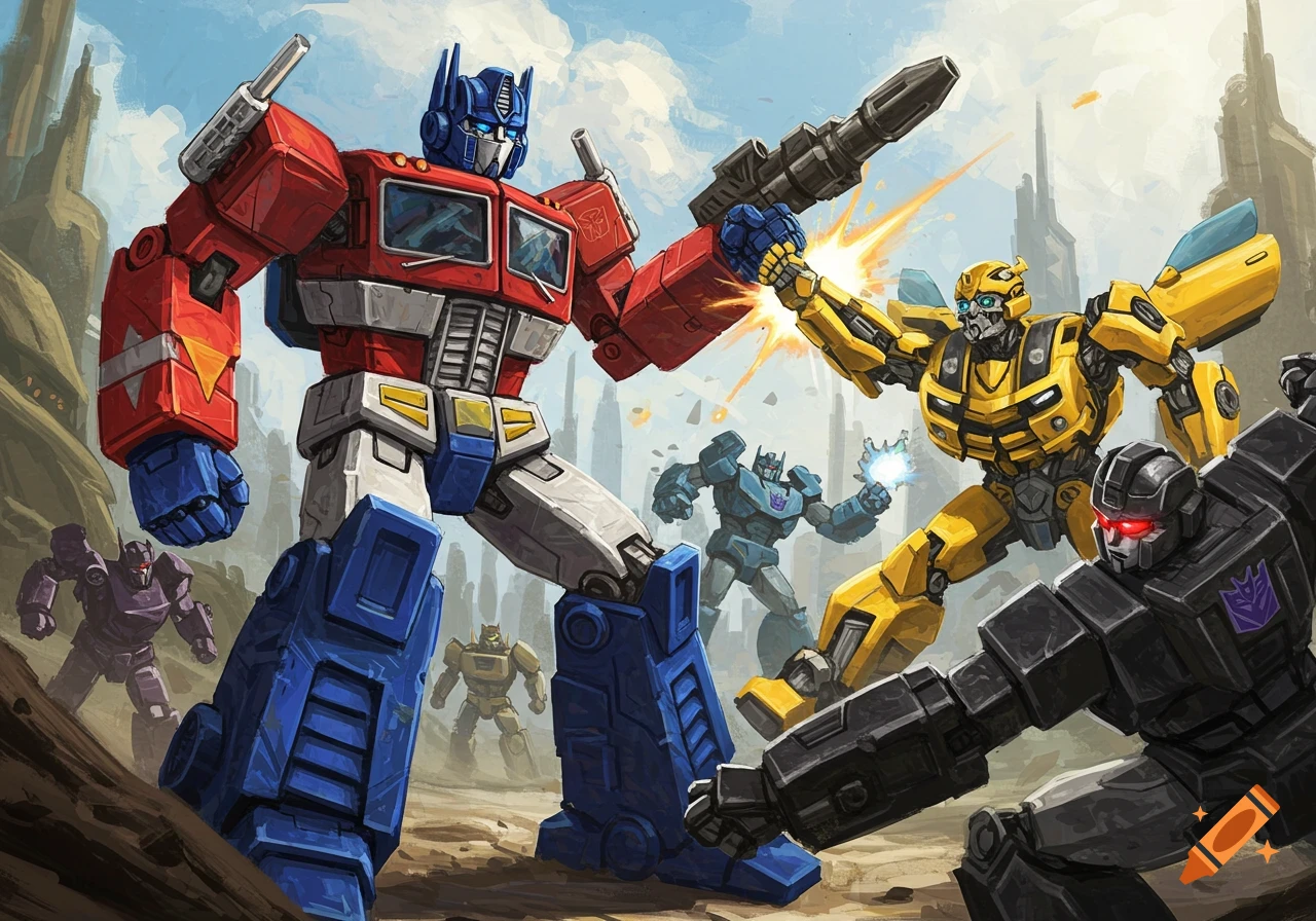 Optimus Prime and Bumblebee fight Decepticons in a rocky landscape with city ruins, painted illustration style