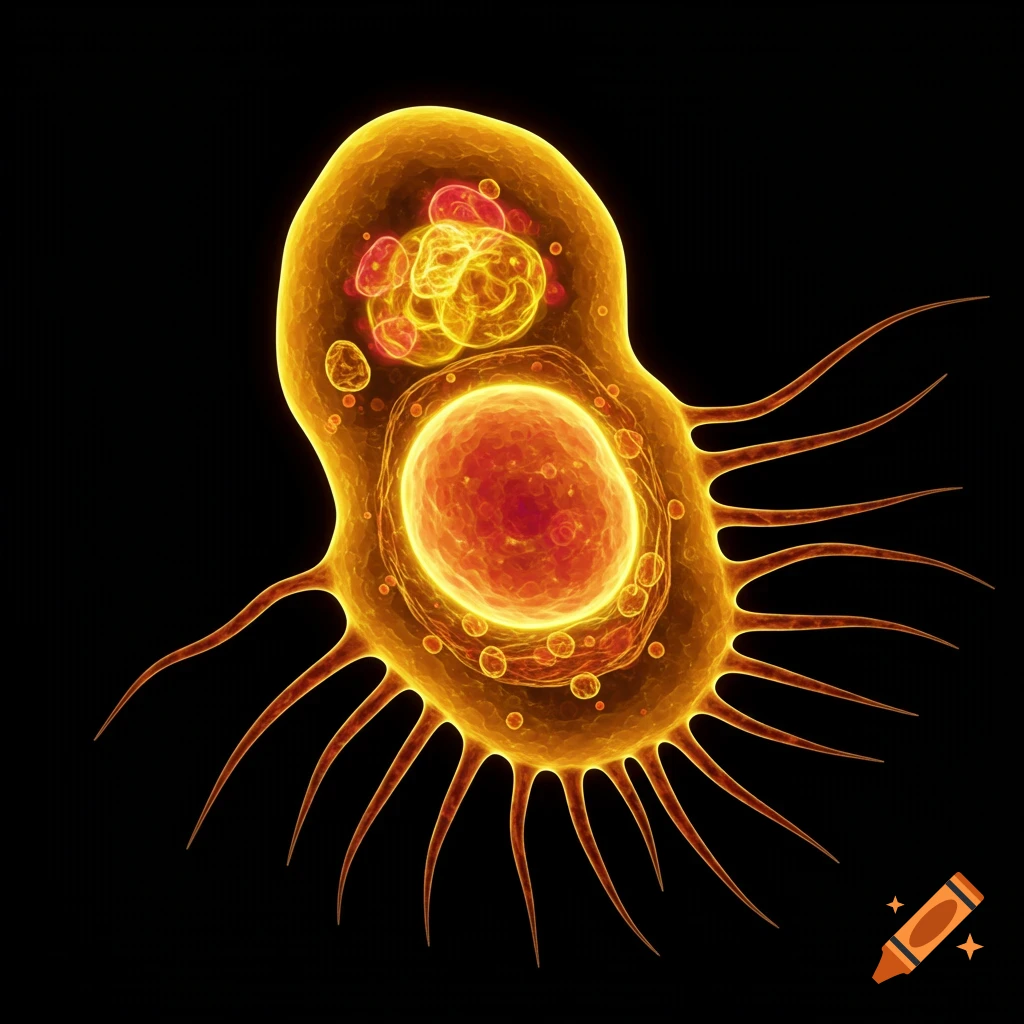 A stylized microscopic view of an amoeba-like organism with tentacles.