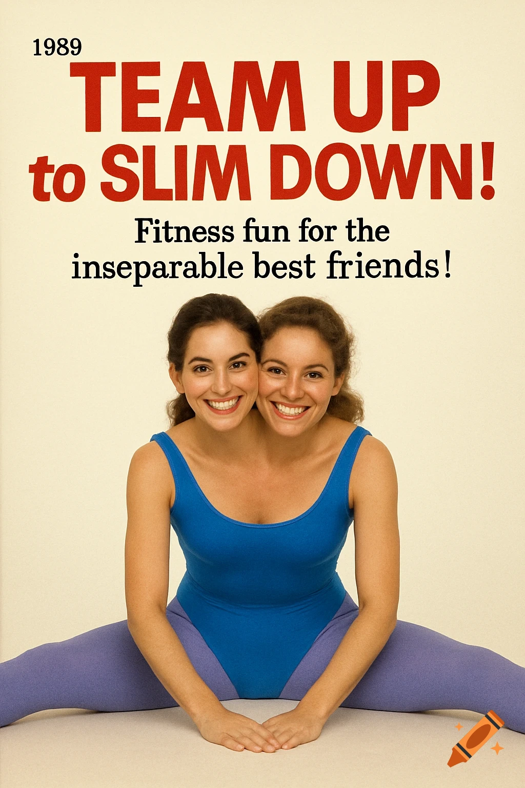 Two women merged into one figure, wearing 80s fitness gear, stretching, with text 'Team Up to Slim Down!'