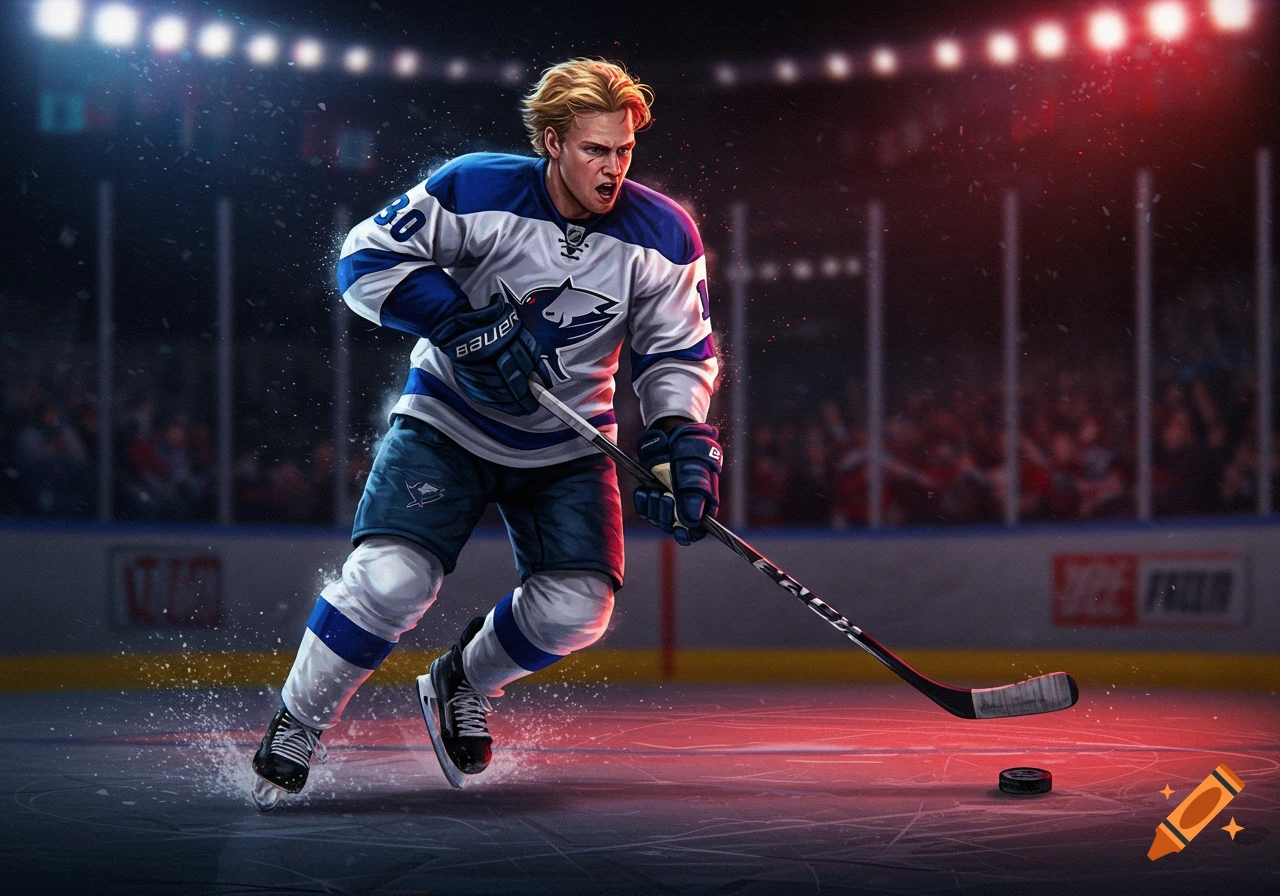 Hockey player skating on ice with puck in arena