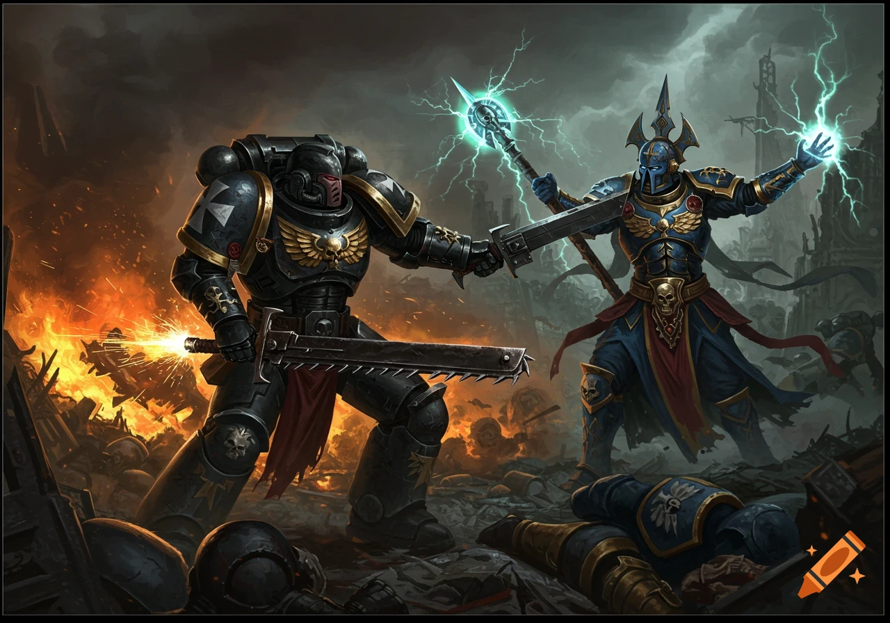 A Black Templar Space Marine fights a Thousand Sons Sorcerer with weapons on a battlefield.